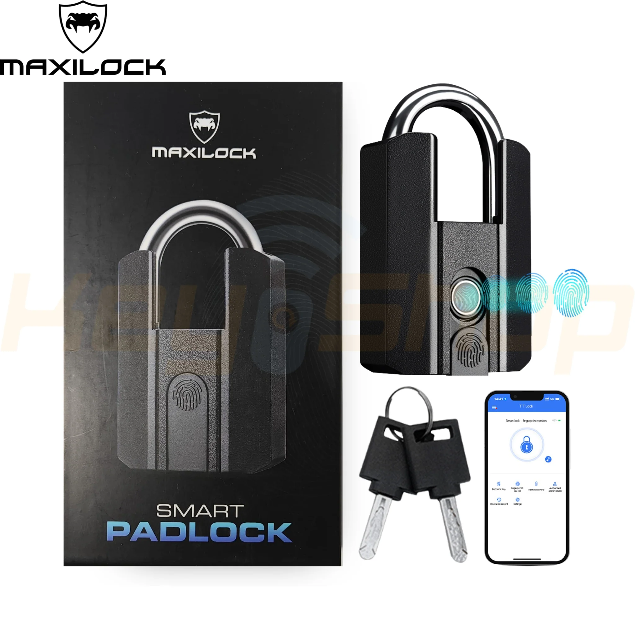 MAXILOCK מנעול תליה P30 + כבל בטחון 2מטר C30: נעילה חכמה לאופניים ואופנוע - טביעת אצבע אפליקציה ומפתחות - Image 2